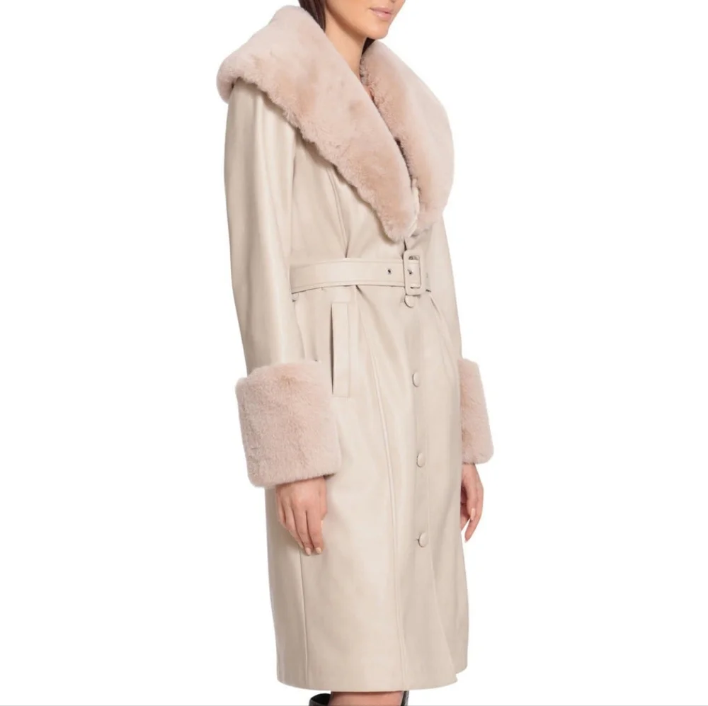 NWT AVEC LES FILLES | Faux-fur Trimmed Faux-leather Trench Coat - Picture 3 of 7